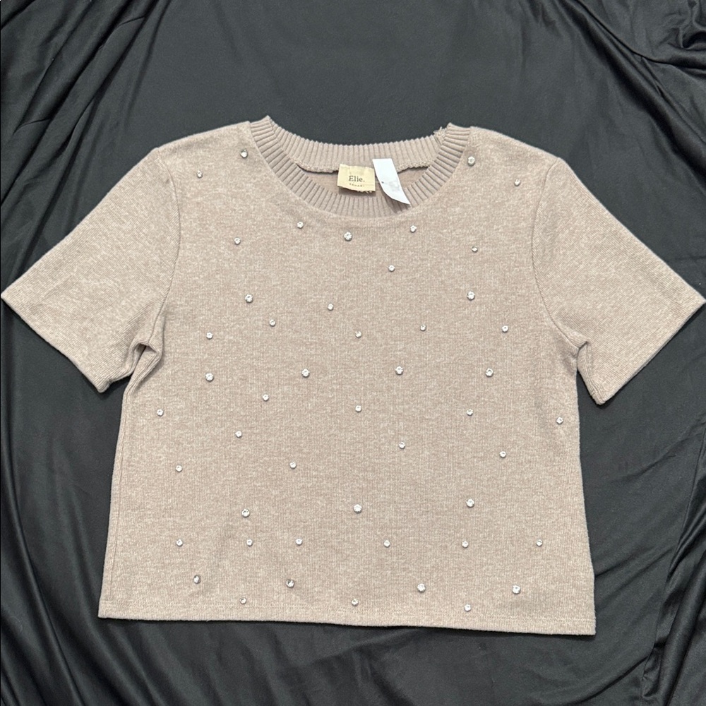 Elie Tahari Pearl-Embellished Tan Crop Top